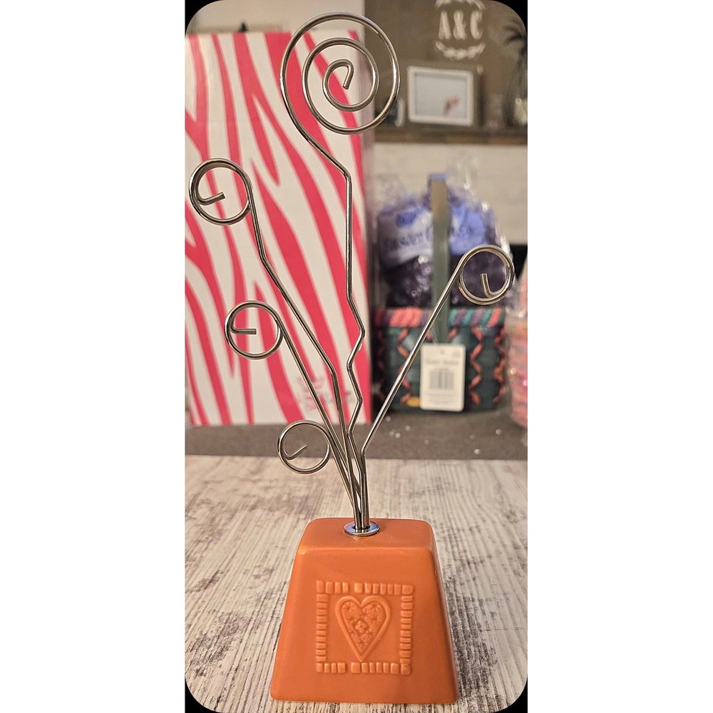 Orange Ceramic 5 Spiral Wire Photo Holder Memo Card Display Stand Heart 9"